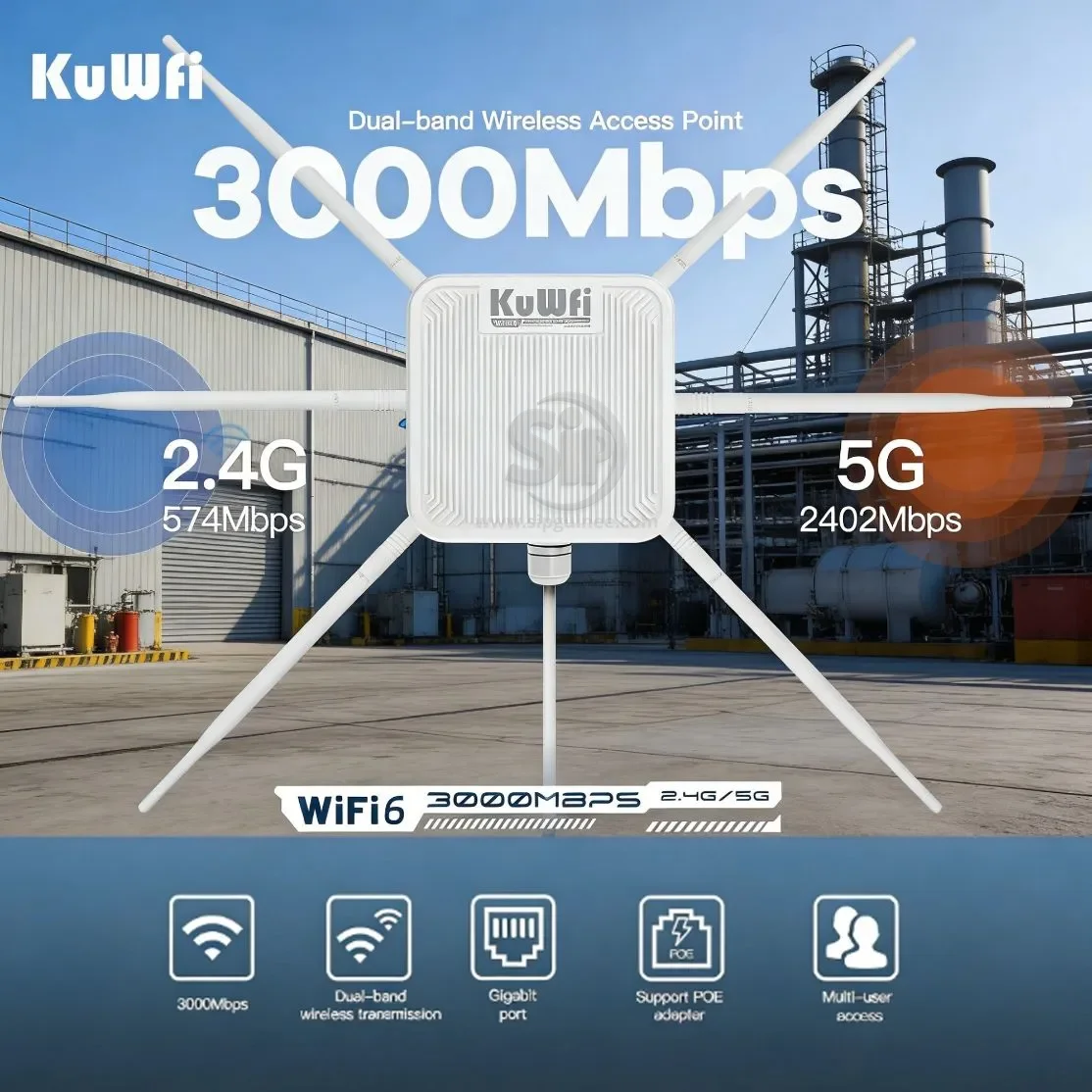 Point d’accès extérieur Wi‑Fi 6 IP67 - KuWFi High Power PA AX3000 3000 Mbps — Mesh